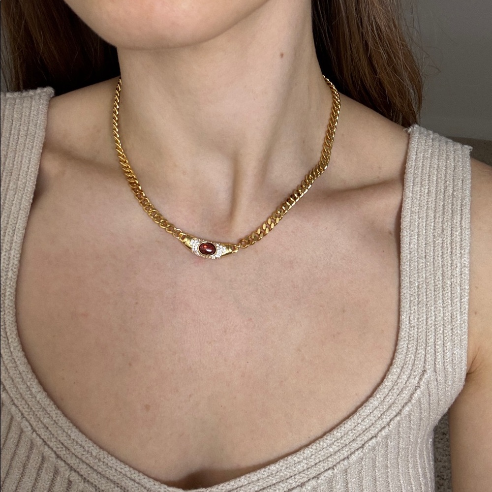 Elegant Gold necklace with cz stones and Red Gemstone - Picture 6 of 6